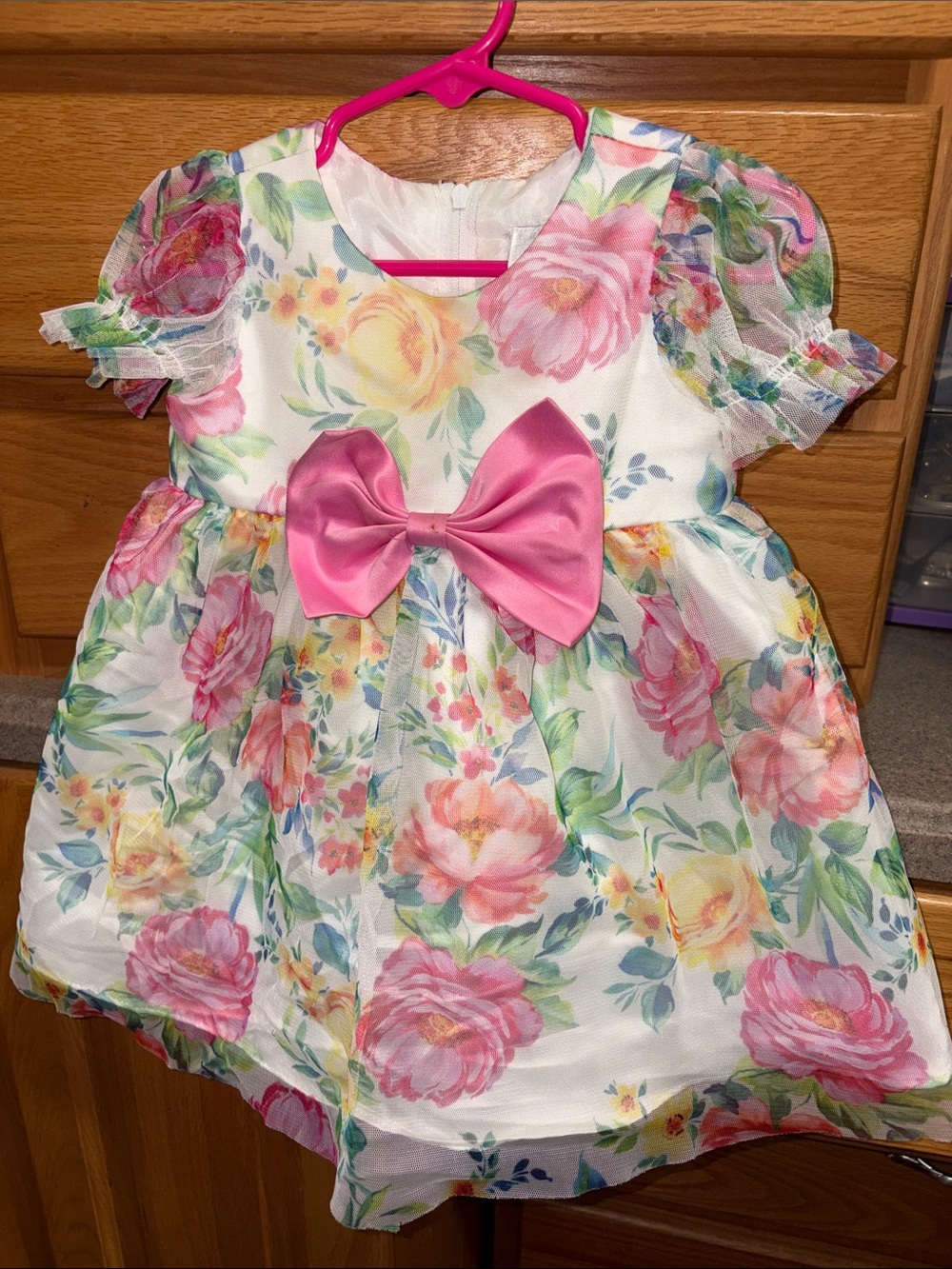 Rare Editions White Floral Dress with Pink Bow